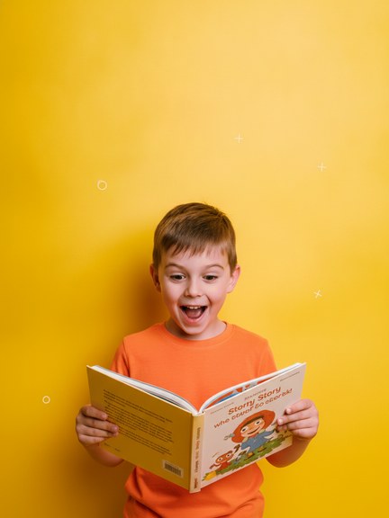 Мальчик читает вслух из открытой книги